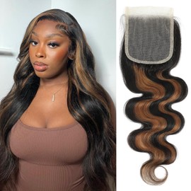 ANMETAN Honey Blonde Highlight 4x4 Closure Body Wave Human Hair, Balayage Colored F1B/30 Black with Brown 10A Remy Hair 4x4 HD Transparent Lace Closure Pre-plucked Free Part Natural Hairline 14 Inch