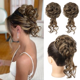HOOJIH Messy Bun Hair Piece, 2PCS Tousled Updo with Tendrils Bun Extensions Wavy Curly Hair Wrap Ponytail Hairpieces Thick Scrunchies for Women - Chocolate Brown with Highlights