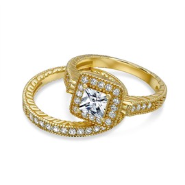 Bling Jewelry Gold Plated Silver Princess CZ Engagement Wedding Ring Set