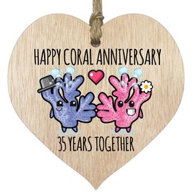35th Wedding Anniversary Plaque Gift for Husband Wife - 35 Years Together - Happy Coral Anniversary Wooden Heart for Women Men Partner, Light Wood Sign Keepsake Gifts