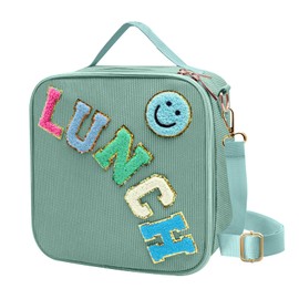 Insulated Lunch Bag With Adjustable Shoulder Strap, Cute Corduroy Preppy Lunch Box Large Insulated Lunch Bag Reusable Lunch Tote Bag with Smiley Preppy LunchBag for Girls School Travel (Green)