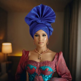 Auto Gele African Head Tie of Nigeria ASO Oke Headwraps Hat Turban Wedding Party Handmade Elegant Hair Wear Cap for Women (US, Alpha, One Size, Large, Royal Blue)