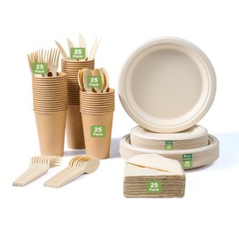 700 Pieces Compostable Disposable Plates for 100 Guests, Biodegradable Plates for Party/Dinnerware Set of 100 Dinner Plates, 100 Salad Plates, 100Spoons, 100Forks, 100 Knives, 100 Cups, 100 Napkins