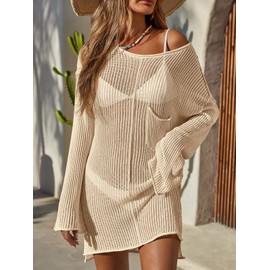 Saodimallsu Womens Sheer Swimsuit Coverup Top Bell Long Sleeve Mesh Ribbed Boat Neck Side Slit Beach Vacation Outfits Apricot