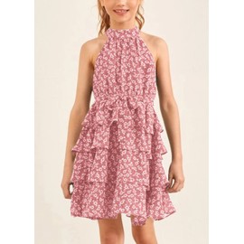 Imily Bela Girls Floral Ruffle Dress Halter Neck Kids Chiffon Summer Party Dress with Belt Pink