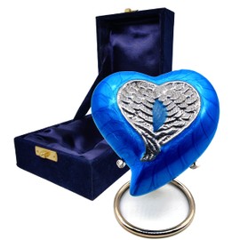 Urna de cremación de corazón azul para cenizas humanas adultas, urna decorativa funeraria de alas de ángel para mujeres y hombres, cuidadosamente hecha a mano, urna en forma de corazón, viene con soporte y caja de regalo (azul cielo)