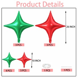Green and Red Star Balloons, 26inch and 10inch Green and Red Quadrangle Star Helium Mylar Balloons for Birthday Baby Shower Graduation Party Decorations