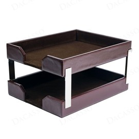 Dacasso Dark Brown Bonded Leather Front-Load Double Letter Tray Set w/Silver Stacking Posts - Luxury Executive Decor and Office Essential - Desk Surface Protector