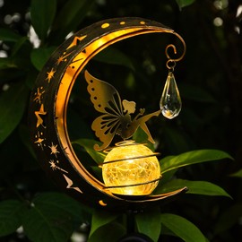 LOVERUIS Moon Fairy Solar Light, Solar Lights Outdoor Garden Decorations,Crackle Glass Globe with Angel Pathway Stake Light, Waterproof Lights for Pathway Lawn Patio,Unique Gift Ideas for Mom.