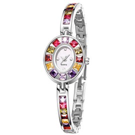 ADSBIAOYE Luxury Vintage Colorful Crystal Oval Watch Fashion Ladies Small Dial Dress Quartz Wrist Watch Waterproof Watch (01 Silver)