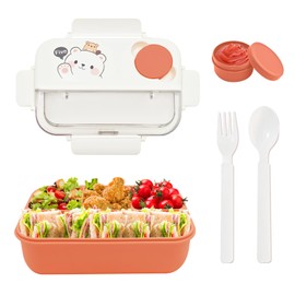 WowWoke 1250 ml Lunch Box with Compartments, Lunch Box for Children/Adults, Reusable Bento Box for School/Work/Picnic, Food-Grade PP, Leak-Proof with Sauce Container (PP, Little Bear Pink)
