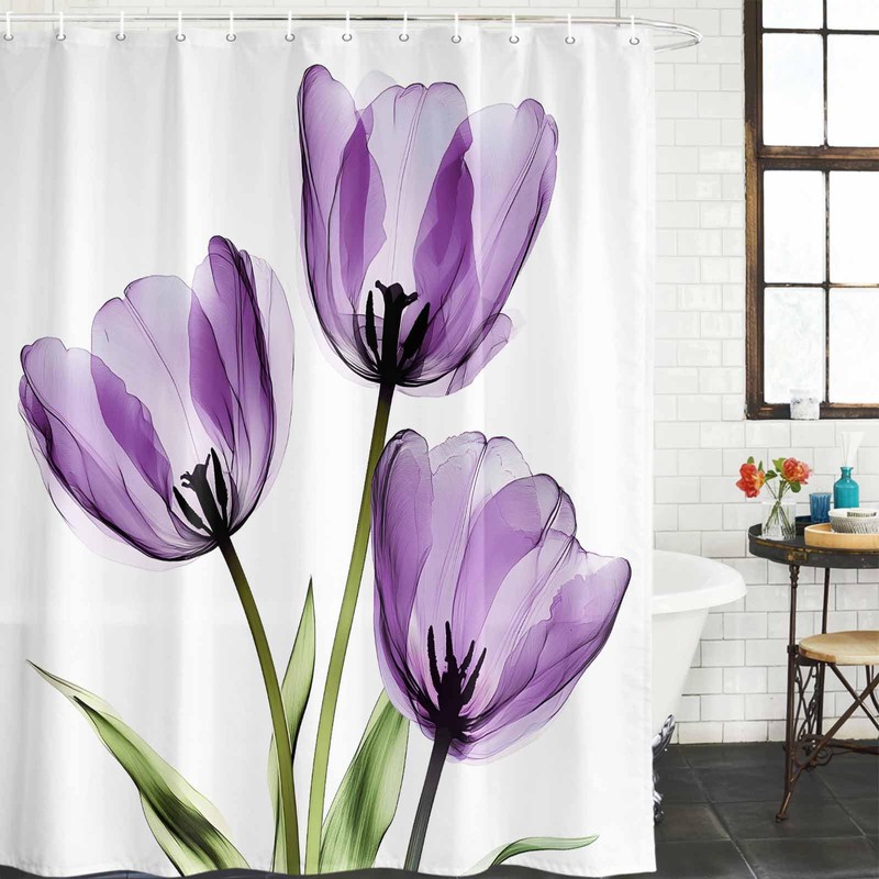 Purple Tulips Shower Curtain Set with Hook 72"x72",Spring Floral Botanical