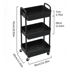 Sywhitta Sywhitta 3-Tier Plastic Rolling Utility Cart with Handle, Multi-Functional Storage Trolley for Office, Living Room, Kitchen, Movable Storage Organizer with Wheels, Black