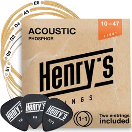 Light 10-47 Western Guitar Strings, Brilliant Sound Quality, Acoustic Guitar Strings, Phosphor Bronze, 6+1 String Set & 3 Plectrums, Western Guitar Strings, Steel, Acoustic Guitar String Light
