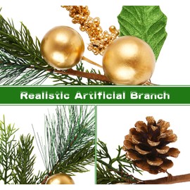 6 Pack Berries Pine Artificial Christmas Picks Faux Stems Gold Berry Pine Branches with Real Pine Cones Matte Balls for Xmas Tree Wreath DIY Craft Floral Arrangement Winter Holiday Decor (Gold)