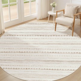 Round Rug Boho Area Rugs: 6x6 Washable Large Circle Neutral Soft Stain Resistant Non-Slip Carpet for Women Aged 25-45 Farmhouse Home Decor Enthusiasts - Living Room Bedroom Dining Room Nursery