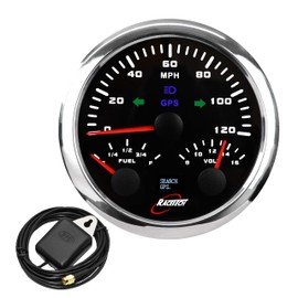 RACETECH 85mm 3-3/8" 3in1 GPS Speedometer - Fuel Level & Volt Gauge - 120 MPH Multi-Ohm Value 8-16V - Black Dial Stainless Steel Rim 12V 24V - for Automotive Marine