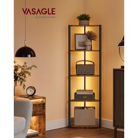 VASAGLE Corner Shelf Stand with LED Lights, 5-Tier Corner Bookshelf, Storage Shelf with Steel Frame, 9.8 x 18.9 x 57.7 Inches, for Living Room, Bedroom, Study, Rustic Brown ULBC590K01
