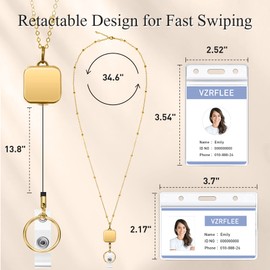 Vzrflee New Retractable Badge Reel Lanyards with ID Holders, Lanyards for ID Badges New Beaded Chain Premium Stainless Steel Lanyard Necklace for Keys Office Cruise for Women