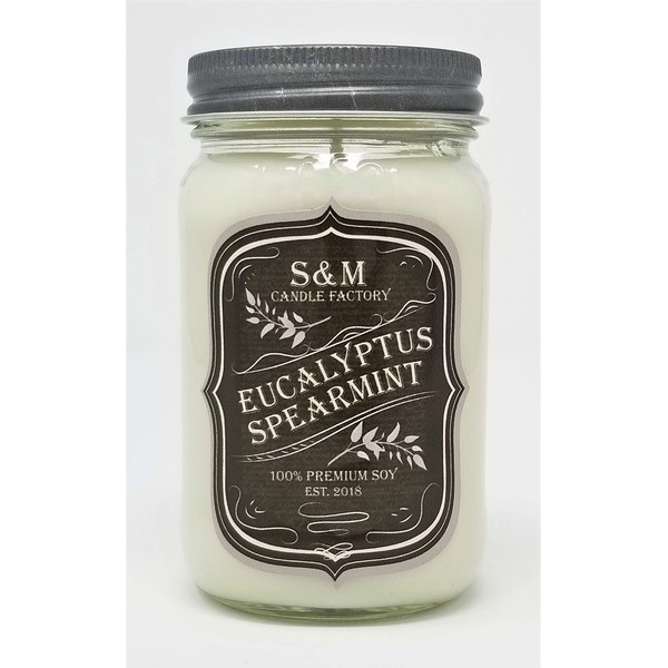 S&M Candle Factory Aromatherapy Soy Wax Scented Candle ~ Stress Free/Stress Relief Eucalyptus Spearmint ~ Made in USA 75 to 100 Hour Burn Time ~ (16.oz, White)