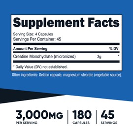 Nutricost Nutricost Creatine Monohydrate 3,000mg, 180 Capsules (750mg Per Capsule) - Gluten Free, Non-GMO