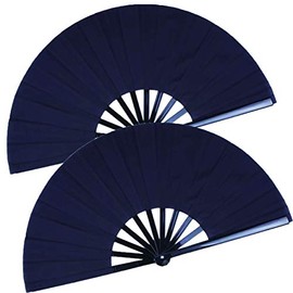 HONSHEN 2 Pack Large Folding Hand Fan, Black Chinese Kung Fu Tai Chi Fan Nylon-Cloth Fan for Men and Women Performance, Dance, Decorations, Festival, Gift (Folding Fan Black 2p)