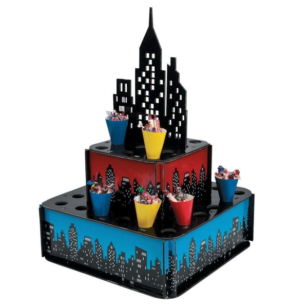 Superhero Skyscraper City Treat Stand - Includes 32 paper cones - Comic Birthday Party Supplies and Decor