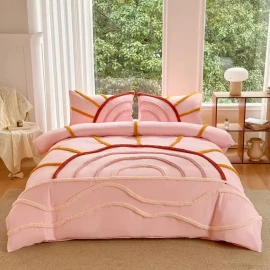 Home Factory Custom Polyester Fiber Three-piece Bed Set Featuring Soft and Breathable Fabric and Unique Sun Pattern Designsize: Queen(90"*90"), color: Pink