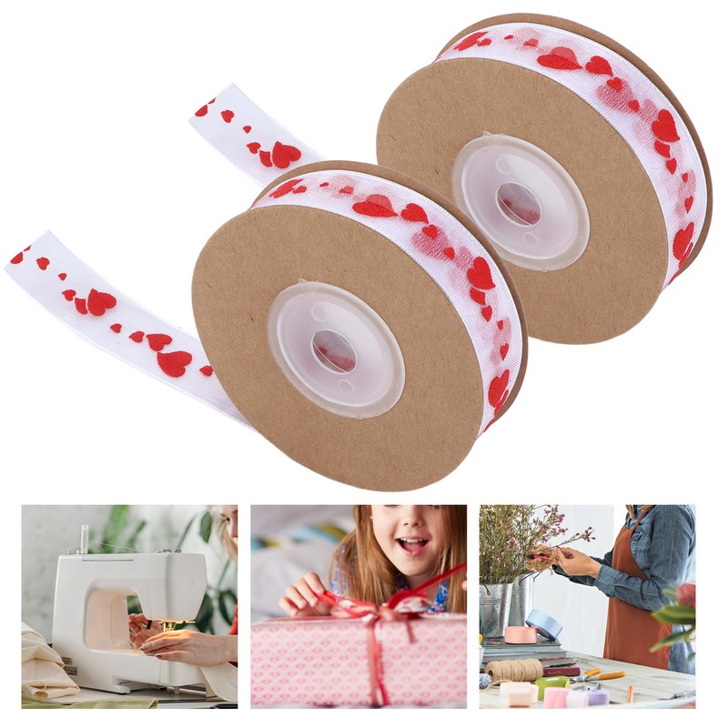 2pcs Red Ribbon 1.5cm/0.6in Wide Heart Pattern Packaging Ribbons DIY
