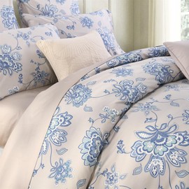 ABREEZE Vintage Floral Duvet Cover Set - 100% Egyptian Cotton Flower Bedding - Blue Bedding Set 1 Duvet Cover with 2 Pillowcases - Soft, Breathable with Button Closure (Queen)