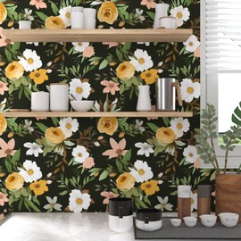 XRUIBZI Green Floral Wallpaper Peel and Stick Wallpaper Vinyl Wallpaper Colorful Floral Contact Paper for Cabinets Waterproof Self Adhesive Green Wall Paper for Kitchen Countertop Wall 17.5" x 393"