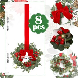 Hoteam 8 Pcs Mini 9 Inch Mini Christmas Cabinet Wreath with Light Red Bows Eucalyptus Cedar Norfolk Pine Needle Artificial Pine Red Berry Kitchen Winter Decor Rustic Holiday Garland for Home Shelves