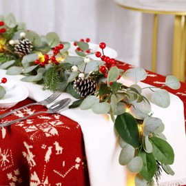 9ft Prelit Artificial Eucalyptus Christmas Garland, Multi-Color Lights/Battery Operated, Lighted Christmas Garland for Mantle Table Stairs Railing Xmas Indoor Outdoor Decoration