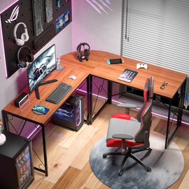 VECELO 59" L Shaped Computer Desk, Corner Computer Desk, Sturdy Home Office Computer Table for Small Space, Writing Desk, Larger Gaming Desk Workstation,Brown