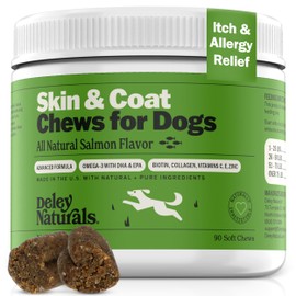 Deley Naturals Skin & Coat Formula - Dog Allergy Chews with Omega 3 Fish Oil, Biotin, Collagen and Essential Vitamins - Supports Dog Itching Skin Relief, Reduces Dryness and Promotes Healthy Coat
