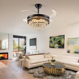 Baotree Chandelier Ceiling Fan with Lights and Remote,42 Inch Modern Flush Mount for Bedroom Indoor, Dimmable LED,Bluetooth connection,Energy Efficient Quiet Retractable Blades (Black)