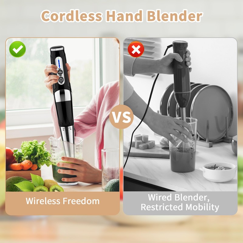 Cordless Immersion Blender Handheld: Powerful Rechargeable Electric Hand Blender, 21-Speed