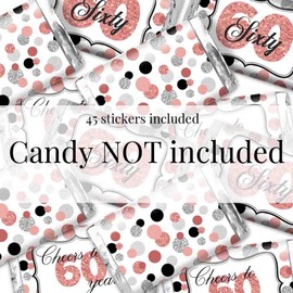 Confetti Rose Gold Polka Dot 60th Birthday Party Mini Chocolate Candy Bar Sticker Wrappers, 45 1.4" x 2.6" Wrap Around Labels by Amanda Creation, Great for Party Favors