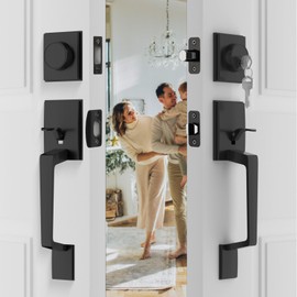 Haidms Matte Black Double Door Lock Set, Heavy Duty Double Door Handle with Dummy, Double Front Door Handle Set