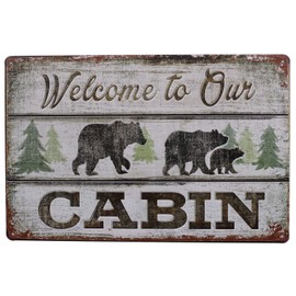 Hioni Welcome To Our Cabin, Metal Tin Sign, Vintage Plaque Wall Decor