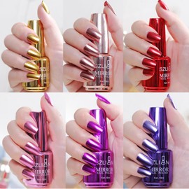 Hacaus 6 Colors Metallic Nail Polish Mirror Nail Polish Reflective Manicure Mirror Effect Glossy Nail Lacquer Nail Art Set 18ML