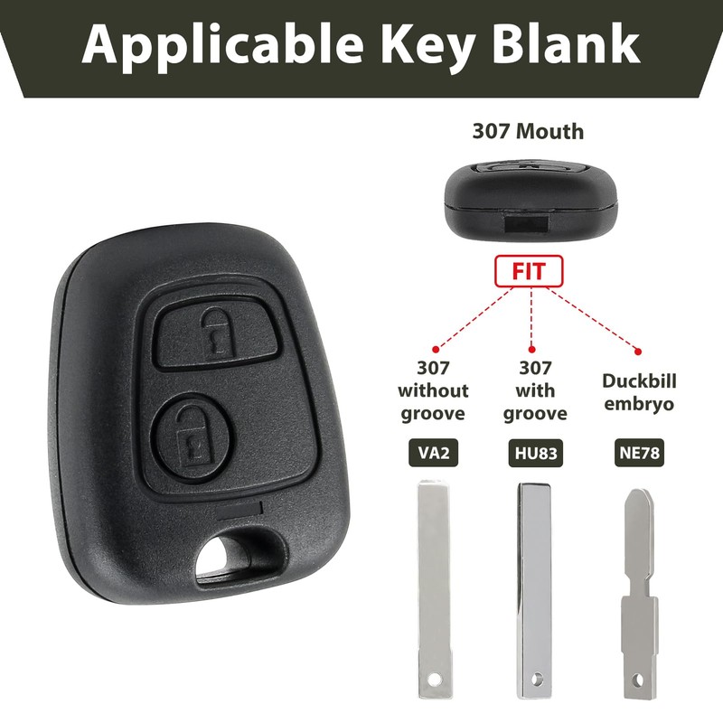 2 Button Car Key Shell Replacement for Peugeot 107 207