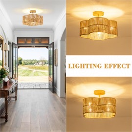 SYTPPLAN 4-Light Rattan Light Fixtures Ceiling Light, 15" Semi Flush Mount Ceiling Light Wicker Boho Light Fixture with Hand-Woven Shade for Hallway Bedroom Kitchen Living Room Entryway