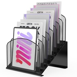 Organizador de archivos de escritorio inclinado, soporte de metal para carpetas de revistas, con compartimentos verticales de 8 secciones, organizador