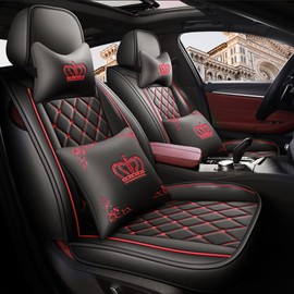 LOVJOYSE Crown Car Seat Covers Full Set, Premium Leather Waterproof Anti-Slip Automotive Interior Protector for Cars, SUVs, Pickup, Trucks & Sedans (Black+Red Line)