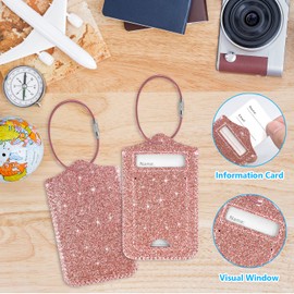 [2 Pack]Luggage Tags, ACdream Leather Case Luggage Bag Tags Travel Tags, (Glitter-Rose-Gold)