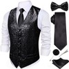 Barry.Wang Mens Black Sequin Vest Tie Clip Bowtie V-neck Shiny