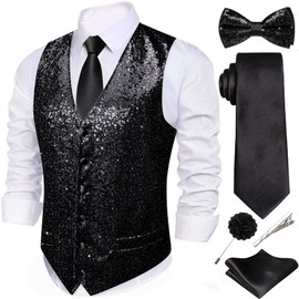Barry.Wang Mens Black Sequin Vest Tie Clip Bowtie V-neck Shiny Waistcoat Pocket Square Lapel Pin Party Prom Tuxedo 6PCS