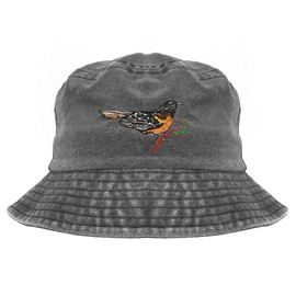 Gift for animal lover, Baltimore Oriole bird embroidered cotton bucket hat, washed bucket hat, pigment dyed bucket hat (black), camping hat, Oriole bird embroidered bucket hat, summer hat
