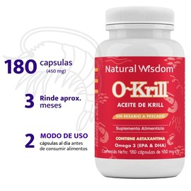 O-Krill Aceite de Krill Omega 3 EPA DHA Antioxidante Salud Cardiaca Memoria 180 capsulas| Astaxantina | Krill Oil Suplemento Alimenticio Natural Sin Gluten